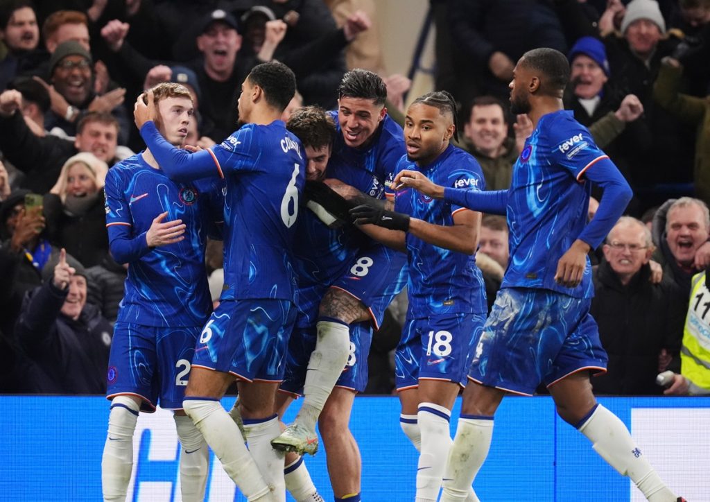 UPDATED CAPTION: Chelsea's Cole Palmer celebrates after his shot led to an own goal by West Ham United's Aaron Wan-Bissaka during the Premier League match at Stamford Bridge, London. Picture date: Monday February 3, 2025.