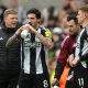 Newcastle United manager Eddie Howe (left) speaks with Sandro Tonali (centre) and Harvey Barnes on the touchline during the Premier League match at St James' Park, Newcastle upon Tyne. Picture date: Sunday February 23, 2025.