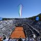 epa11347927 The Italian Air Force aerobatics team, the Frecce Tricolori (lit.Tricolour Arrows), perform a fly-by over the Foro Italico during the Italian Open tennis tournament in Rome, Italy, 17 May 2024. EPA/ETTORE FERRARI