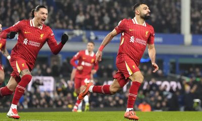 Liverpool's Mohamed Salah (right) celebrates scoring their side's second goal of the game with team-mates during the Premier League match at Goodison Park, Liverpool. Picture date: Wednesday February 12, 2025.