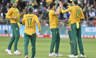 Protea players congratulate Gerald Coetzee of the Proteas on a wicket during the 2024 International T20 Series match between South Africa and India at the St George's Park in Gqeberha on the 10 November 2024 ©Deryck Foster/BackpagePix