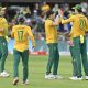 Protea players congratulate Gerald Coetzee of the Proteas on a wicket during the 2024 International T20 Series match between South Africa and India at the St George's Park in Gqeberha on the 10 November 2024 ©Deryck Foster/BackpagePix