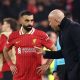 epa11843276 Liverpool manager Arne Slot (R) talks to his player Mohamed Salah during the UEFA Champions League league phase match between Liverpool FC and LOSC Lille, in Liverpool, Britain, 21 January 2025. EPA/ADAM VAUGHAN