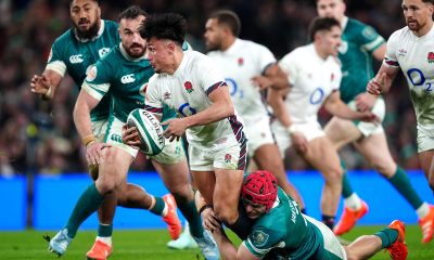 England's Marcus Smith tackled by Ireland's Josh van der Flier during the Guinness Men's Six Nations match at the Aviva Stadium in Dublin, Ireland. Picture date: Saturday February 1, 2025.