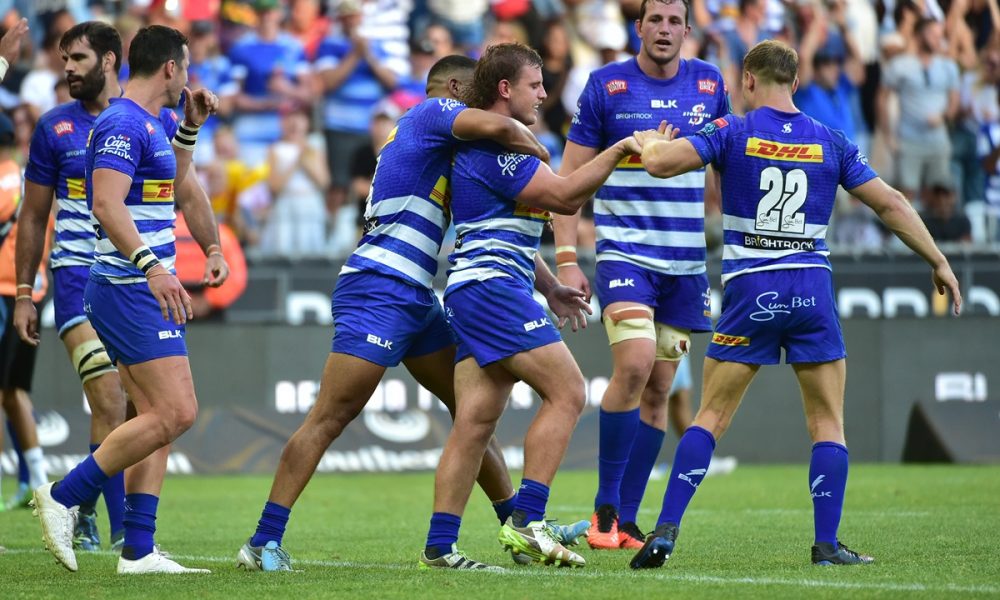 Jean-Luc du Plessis of DHL Stormers celebrates with fellow team mates after scoring a try during the United Rugby Championship 2024/25 game between the Stormers and Sharks at Cape Town Stadium in South Africa on 28 December 2024 © Reinhardt Hamman/BackpagePix