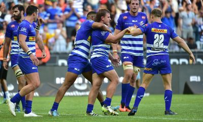 Jean-Luc du Plessis of DHL Stormers celebrates with fellow team mates after scoring a try during the United Rugby Championship 2024/25 game between the Stormers and Sharks at Cape Town Stadium in South Africa on 28 December 2024 © Reinhardt Hamman/BackpagePix