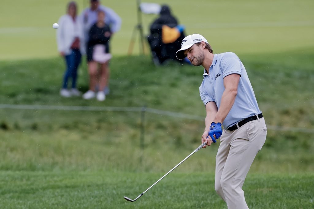 epa11348705 Thomas Detry of Belgium chips onto the green on the ninth hole during the second round of the 2024 PGA Championship golf tournament at the Valhalla Golf Club in Louisville, Kentucky, USA, 17 May 2024. EPA/ERIK S. LESSER