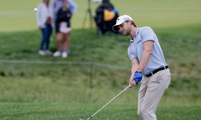 epa11348705 Thomas Detry of Belgium chips onto the green on the ninth hole during the second round of the 2024 PGA Championship golf tournament at the Valhalla Golf Club in Louisville, Kentucky, USA, 17 May 2024. EPA/ERIK S. LESSER