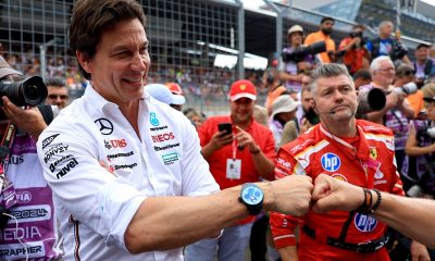 epa11447516 Mercedes team principal Toto Wolff is being congratulated after their driver George Russell of Britain won the Formula One Austrian Grand Prix, in Spielberg, Austria, 30 June 2024. Person 2nd R is unidentified staff of Mercedes team. EPA/MARTIN DIVISEK