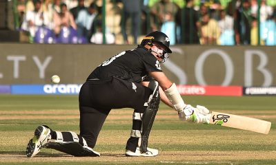 epa11907278 New Zealand's Tom Latham plays a shot during the ICC Champions Trophy cricket match between New Zealand and Pakistan at National stadium in Karachi, Pakistan, 19 February 2025. EPA/SHAHZAIB AKBER