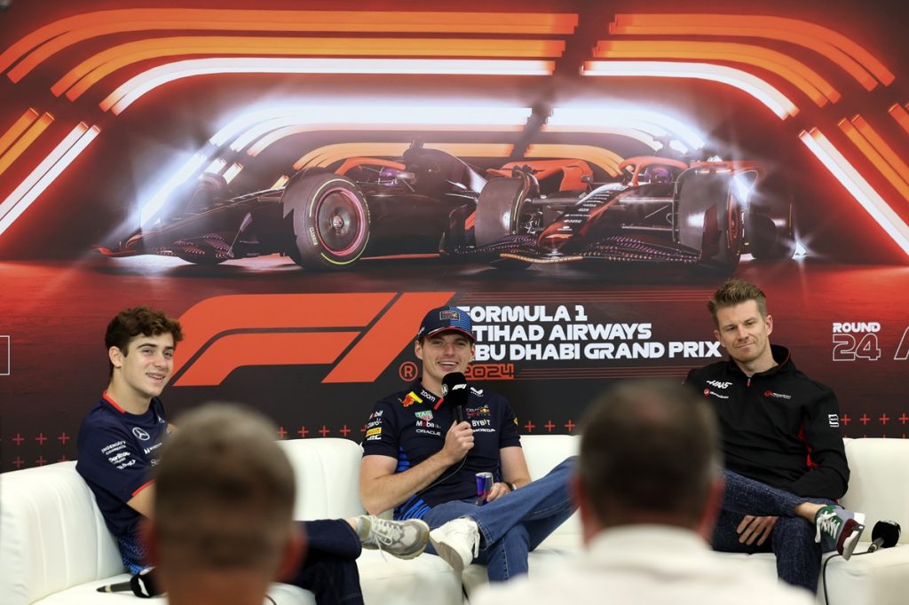 epa11758473 (L-R) Williams driver Franco Colapinto of Argentina, Red Bull Racing driver Max Verstappen of the Netherlands and Haas driver Nico Hulkenberg of Germany attend a press conference ahead of the Formula One Abu Dhabi Grand Prix, in Abu Dhabi, United Arab Emirates, 05 December 2024. The 2024 Formula One Abu Dhabi Grand Prix will be held on the Yas Marina Circuit racetrack on 08 December. EPA/ALI HAIDER