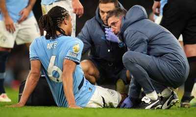 Manchester City's Nathan Ake is attended to by medical staff during the Premier League match at the Etihad Stadium, Manchester. Picture date: Wednesday December 4, 2024.