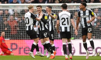 Newcastle United's Lewis Miley (second left) celebrates scoring their side's first goal of the game during the Premier League match at St James' Park, Newcastle upon Tyne. Picture date: Sunday February 23, 2025.