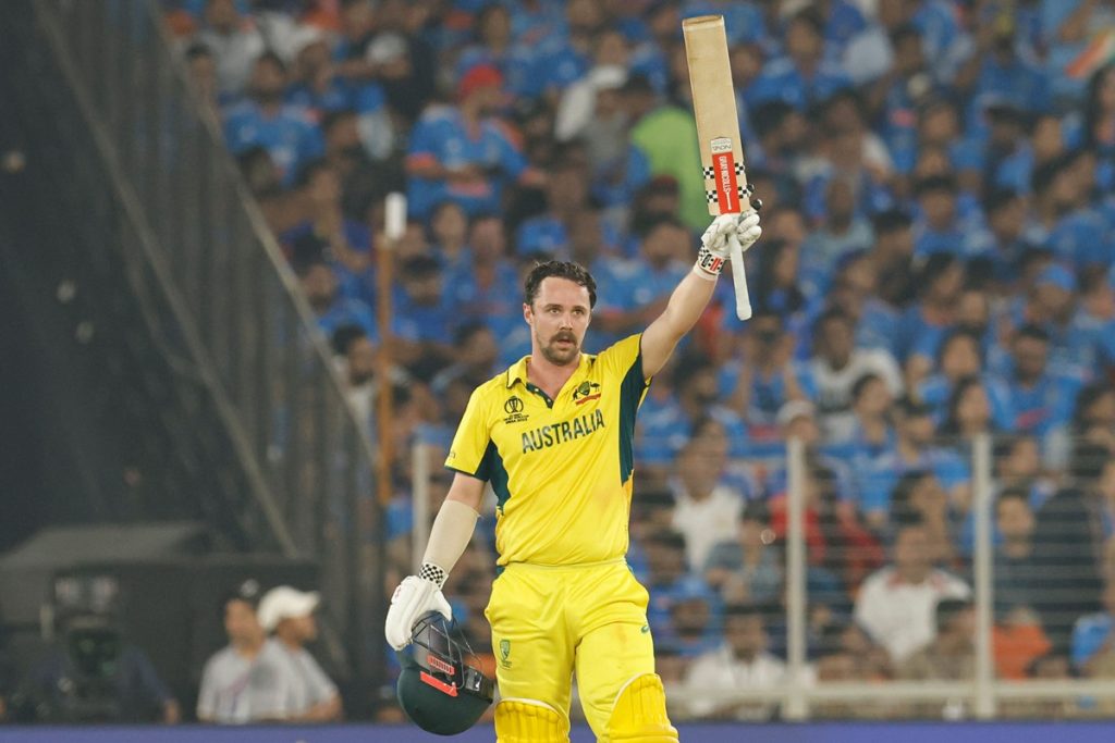 Mandatory Credit: Photo by Deepak Malik/Shutterstock (14218714dp) Australia's Travis Head celebrates after scoring a hundred run India v Australia, ICC Men's Cricket World Cup, Final, International Cricket ODI, Narendra Modi Stadium, Ahmedabad, India - 19 Nov 2023