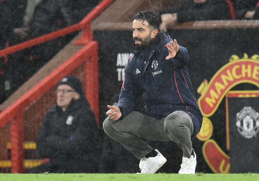 epa11926378 Manchester United manager Ruben Amorim reacts during the English Premier League match between Manchester United and Ipswich Town, in Manchester, Britain, 26 February 2025. EPA/PETER POWELL EDITORIAL USE ONLY. No use with unauthorized audio, video, data, fixture lists, club/league logos, 'live' services or NFTs. Online in-match use limited to 120 images, no video emulation. No use in betting, games or single club/league/player publications.