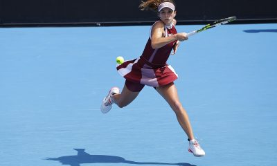 epa11821334 Lucia Bronzetti of Italy in action against Victoria Azarenka of Belarus during the Women's Singles first round match at the Australian Open tennis tournament in Melbourne, Australia, 13 January 2025. EPA/ROLEX DELA PENA