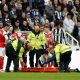 Newcastle United's Tino Livramento goes off injured during the Premier League match at St. James' Park, Newcastle upon Tyne. Picture date: Sunday September 28, 2025.